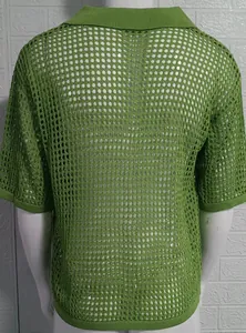 Rear view detail of a lime green hollow knit mesh polo shirt with a stylish lapel collar