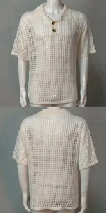 Front and back view of men's cream hollow-out knit polo shirt with lapel collar