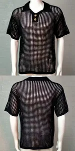Detail view of men's black hollow-out mesh knit polo shirt, showing front and back