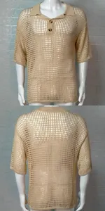 Detailed front and back views of a beige hollow knit polo shirt for men with mesh pattern