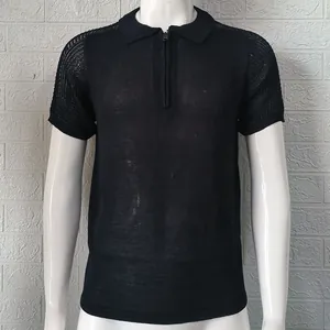 Close-up of men's slim fit knitted polo shirt with black mesh texture and zipper collar.