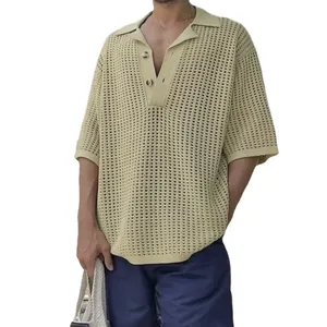 Men's summer hollow-out knit polo shirt with lapel collar and loose fit design