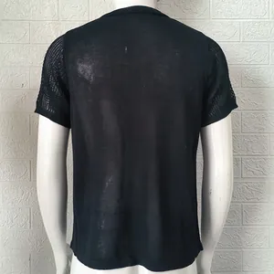 Detailed back view of a men's slim fit knitted short sleeve polo shirt in classic black