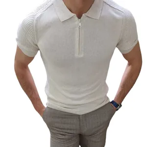 Men's slim fit knit polo shirt with zipper in beige, short sleeve casual summer top
