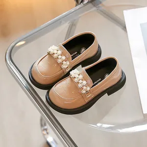 Stylish girls' patent leather loafers with elegant pearl flower decor and soft sole