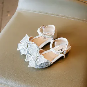 Chaussures de princesse argentées à paillettes pour filles avec nœud et perles pour fête
