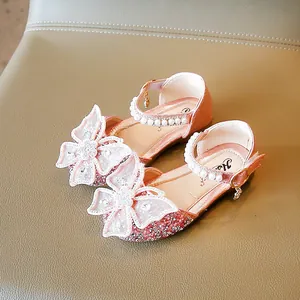 Élégantes chaussures de princesse rose pailletées pour filles avec nœud