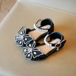 Chaussures princesse noires pour filles avec nœud en strass et brides perles