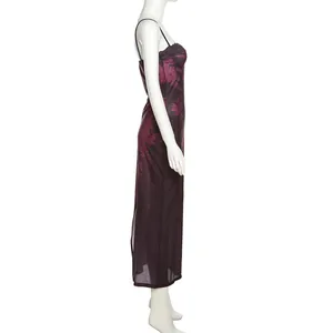 Side view of floral lace trim slim fit suspender maxi dress on mannequin