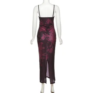 Elegant back view of a vintage purple floral print maxi slip dress displayed on a mannequin
