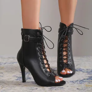 Women Top Layer Cowhide Roman High Heel Sandals Open Toe Lace Up Stiletto Sandal Boots Fashion Party Evening Dress Shoes