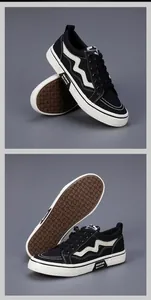Multi-angle detail of black low-top canvas sneakers featuring a white wave design