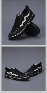 Detail showing low-top black canvas sneakers with zig-zag pattern and durable rubber sole