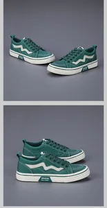 Detailed side view of green canvas low-top sneakers featuring a white wavy stripe design