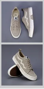 Detailed views of khaki men's low-top canvas sneakers featuring white soles and wave patterns