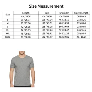 Detaillierte Größentabelle für das graue, kurzärmelige Henley-Slim-Fit-Herren-T-Shirt