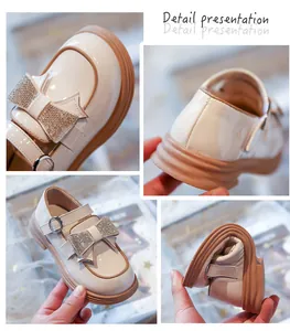 Vistas detalladas de zapatos de charol para niñas con lazo de diamantes y suela flexible