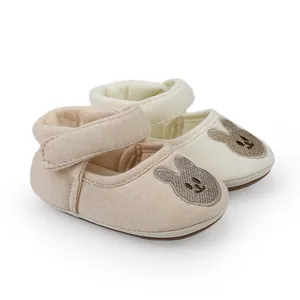 Close-up of breathable baby walker shoes with cute bunny embroidery and non-slip soles