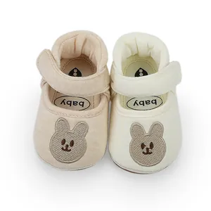 Close-up of breathable baby walking shoes with cute animal embroidery and velcro straps.