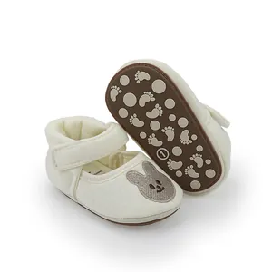 Detailed view of white baby princess walking shoes with non-slip sole and bunny
