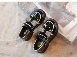 Zapatos de charol negro para niña con lazo de diamantes de imitación de estilo británico