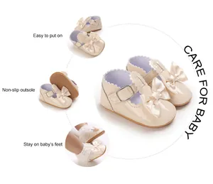 Close-up detail of beige bow princess baby shoes with non-slip soft sole