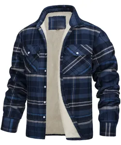Close-up detail view of mens blue plaid jacket featuring warm white sherpa lining