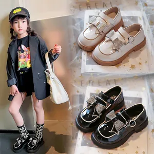Zapatos de Charol para Niñas Estilo Británico Mocasines con Lazo de Strass Suela Gruesa Escuela Boda Fiesta Zapatos Planos para Niños