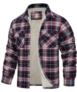 Detailed view of a men's red plaid flannel jacket featuring a warm cream fleece lining and buttons