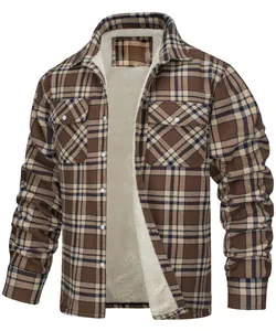 Professional studio shot of a men's warm plaid flannel jacket with thick sherpa lining
