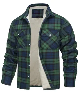 Heavyweight men's green plaid flannel jacket featuring a warm white sherpa fleece lining