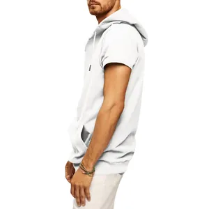 Side view of a men's white hooded short sleeve vest for athletic and casual wear style
