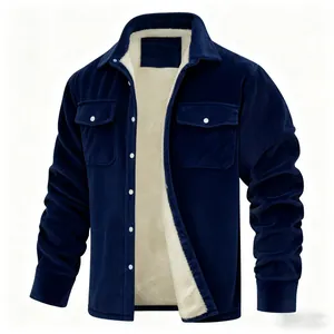 Close-up detail of men's navy blue corduroy jacket featuring a warm white sherpa fleece lining