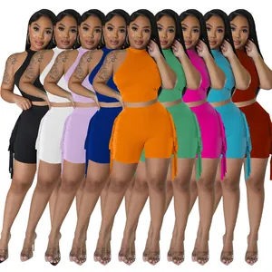 Vibrant multi-color collection of sleeveless halter top and fringe shorts casual two-piece set
