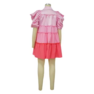 Detailed back view of a pink tiered satin mini dress featuring puff sleeves on mannequin