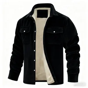 Detail view of men's black corduroy jacket with warm fleece lining and chest pockets