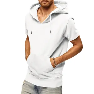 Sweat-shirt à capuche décontracté blanc à manches courtes pour hommes avec poche kangourou