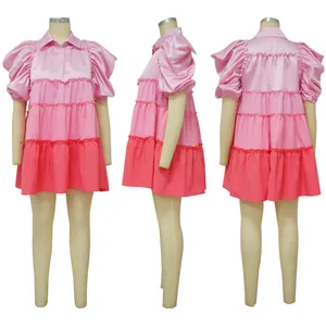 Tiered pink color block satin dress with puff sleeves shown in three angles.