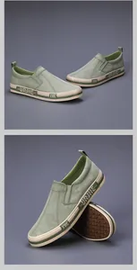 Close-up of green men's canvas slip-on loafers with side logo and textured sole