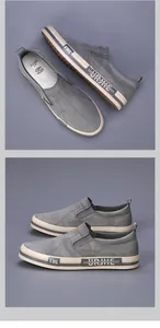 Detailed side and top view of men's grey camouflage casual slip-on loafers canvas shoes