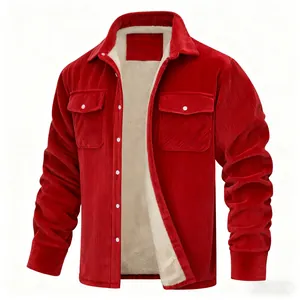 Detailed view of red corduroy jacket with soft fleece lining and buttoned pockets.