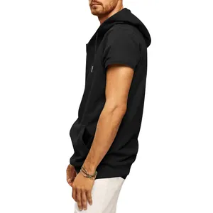 Side view of black men's sleeveless hoodie with oversized fit and kangaroo pocket