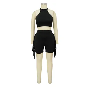 Detailed view of women's black sleeveless fringe two-piece set for casual wear