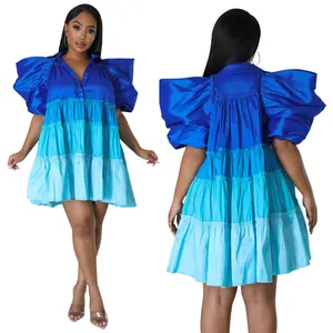 Detailed front and back views of a blue tiered satin mini dress with puff sleeves and V-neck