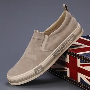 Men's casual slip-on canvas shoes featuring a camouflage pattern in a khaki finish.