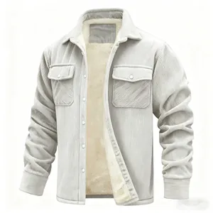 Detailed view of cream corduroy jacket showing soft fleece lining and textures