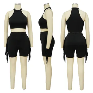 Detailed front, side and back views of a black sleeveless fringe two-piece outfit