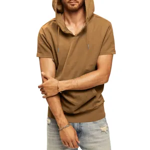 Close-up detail of men's brown short-sleeved hooded t-shirt with adjustable drawstring