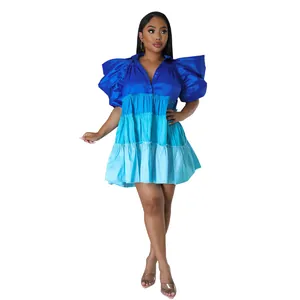 Stylish V-neck color-block blue satin tiered A-line mini dress with puff sleeves