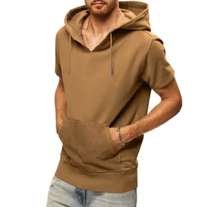 Close-up detail of khaki men's casual short-sleeved hoodie showing kangaroo pocket
